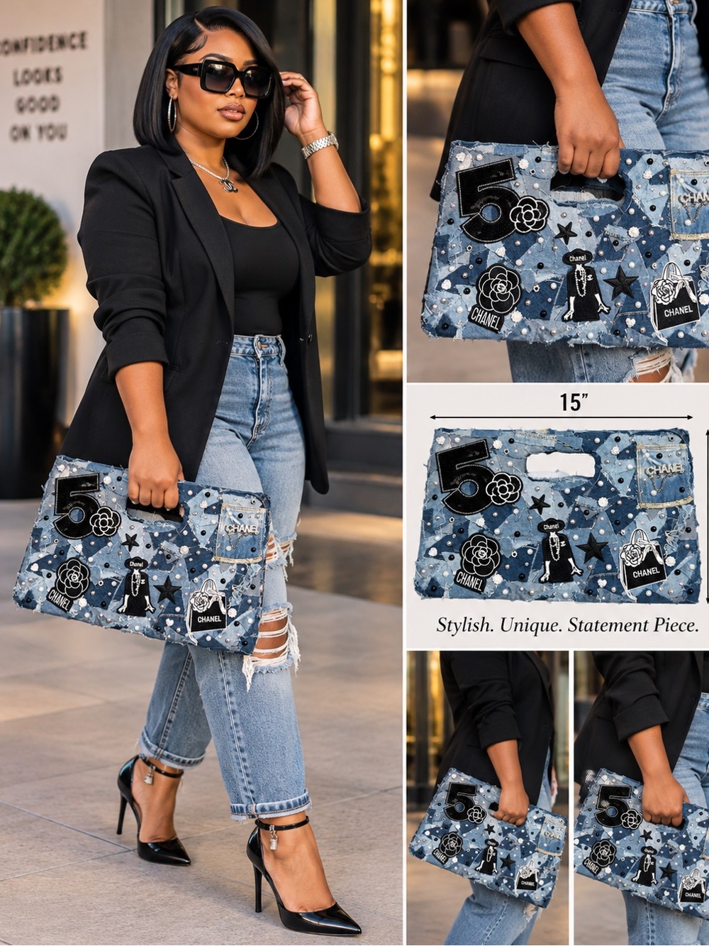 Denim Upcycled Patchwork Junk Clutch Bag with Black Embellishments